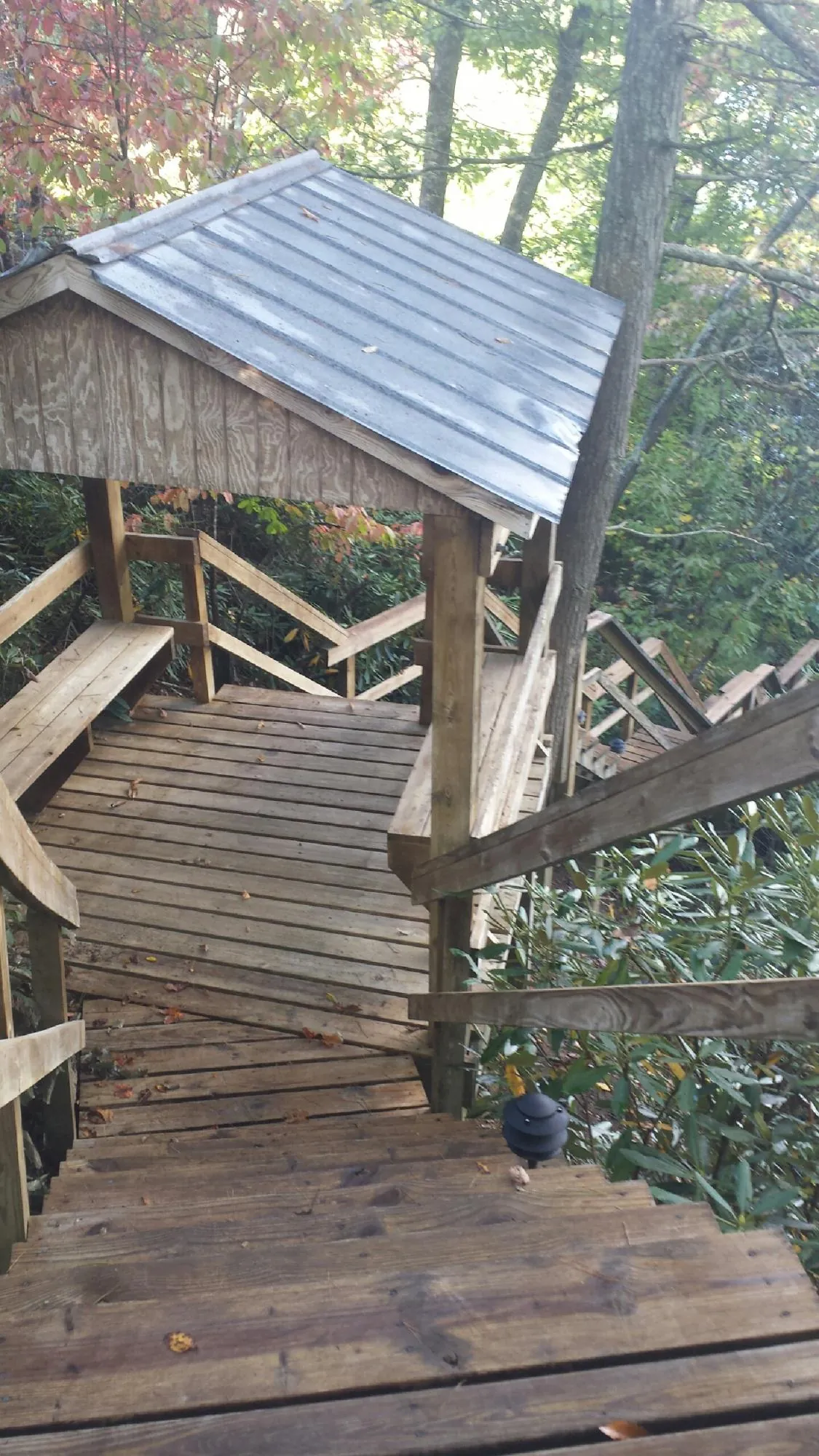 Metal roofed shelter over wooden steps on a wooded walkway — Skylight Repair & Installation work by our crew in Scotts